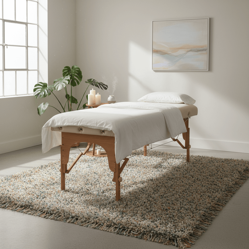 Massage table with white linens on a colorful rug in a minimalist therapy room.