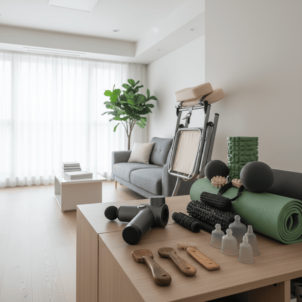 Portable massage equipment neatly arranged in a modern home